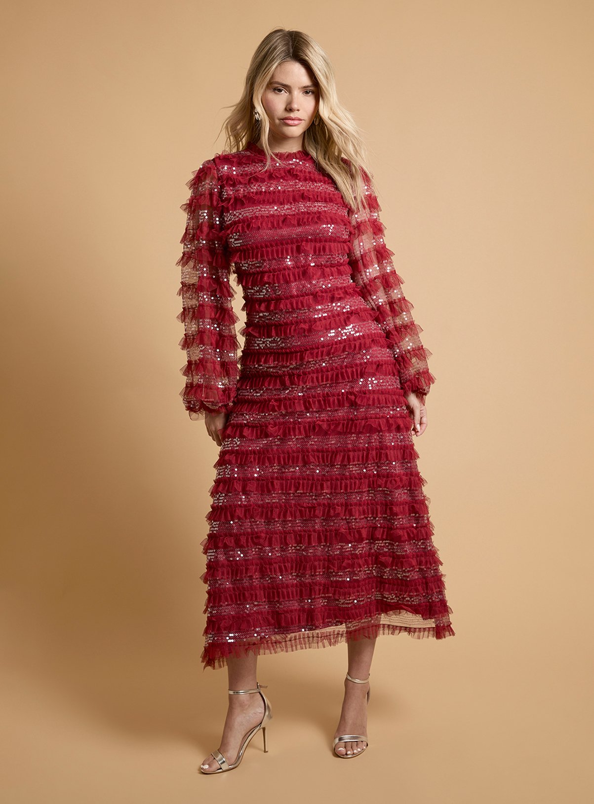 OASIS Long Sleeve Sequin Mesh Midaxi Dress Red 6 - Image 1 thumbnail